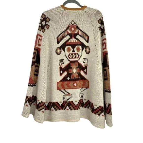 Vintage Knit 1970’s Latin Poncho Button Front Aztec Cape - Picture 2 of 7